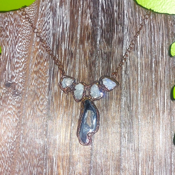 Jewelry - Black Agate Druzy and Raw Moonstone Electroform Copper Necklace